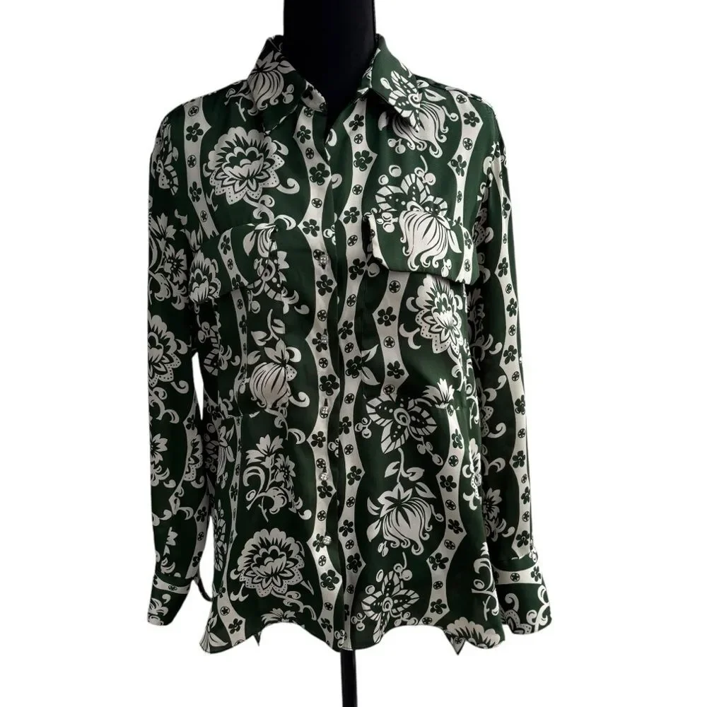 Zara green white flowy floral button up blouse size Medium